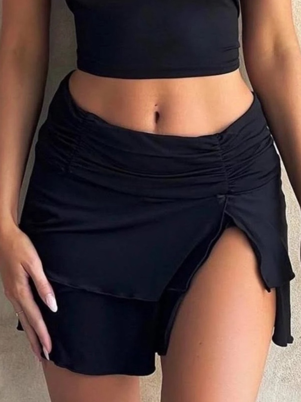 Tiger Mist Black Ruched Mini Skirt with Front Slit